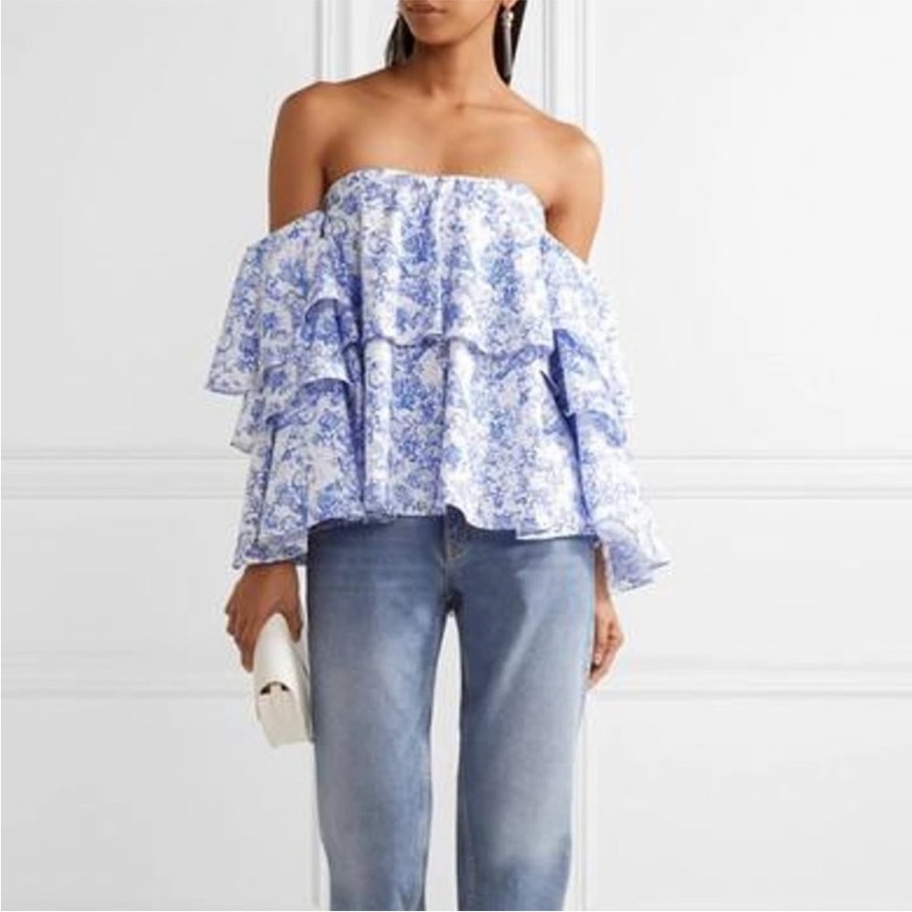 Caroline Constas Carmen Blue Toile Strapless Blouse Shirt Medium